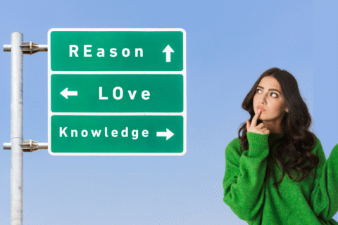 Girl standing on the side of a highway, looking confused at a directional road sign showing arrows labeled Reason, Love, and Knowledge RELOK