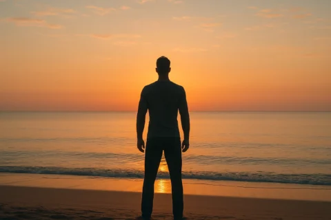 A calming photo of a sunrise over water with a person standing strong