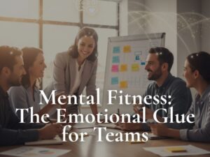 A diverse team collaborates in a bright office, smiling, making eye contact, and engaging in discussion, symbolizing trust, mental fitness, and emotional connection in the workplace.
