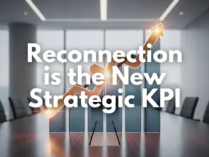 Abstract, strategic image showing warm, interlocking shapes (reconnection) perfectly aligning with a cool-toned rising line graph (KPI), symbolizing how reconnection is the new strategic KPI for business advantage.