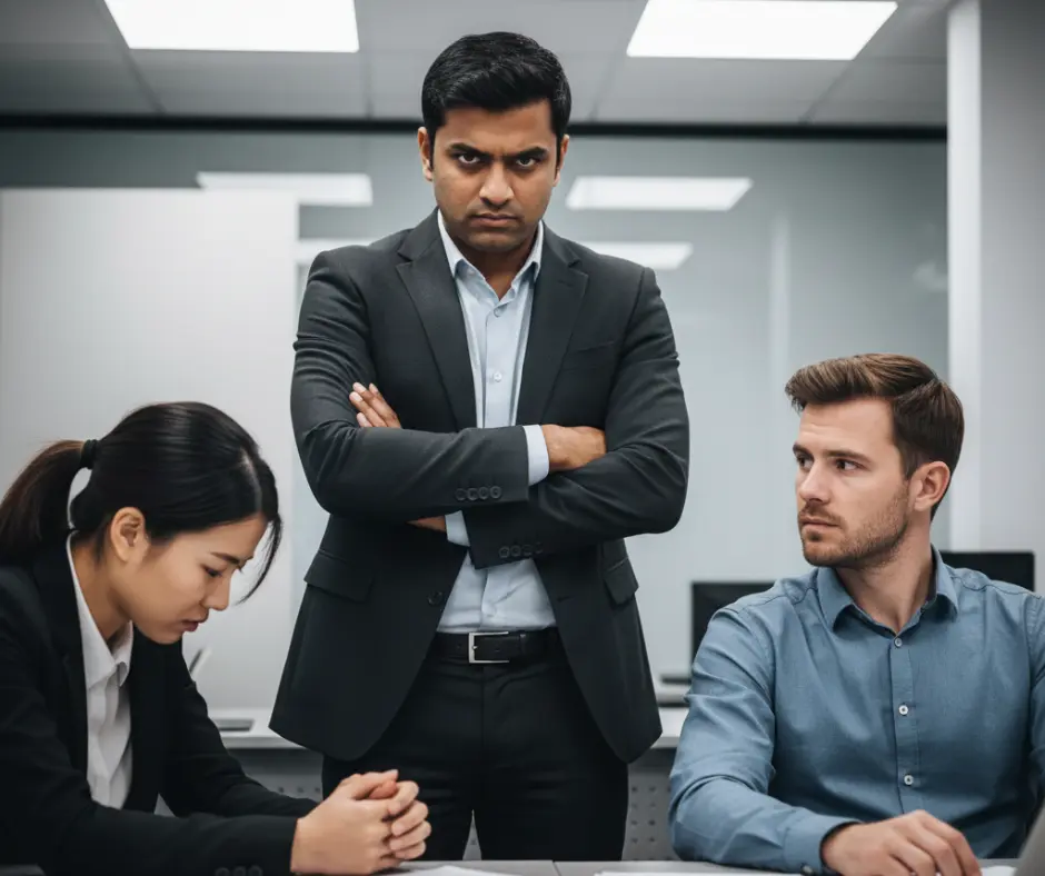 A stern manager with crossed arms stands over two uncomfortable employees who are looking down and away, vividly depicting a "hovering" management style that hinders effective conflict resolution in the workplace by signaling a lack of trust.