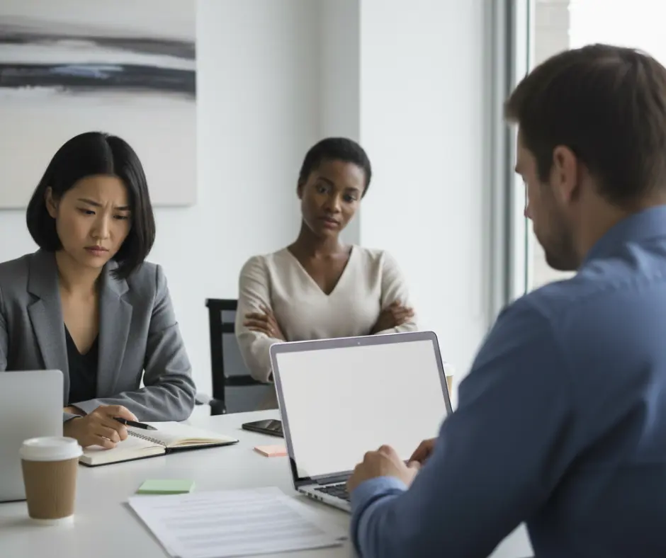Three diverse professionals sit at a conference table, with one looking down and another with arms crossed, illustrating subtle team tension and the need for effective conflict resolution in the workplace.