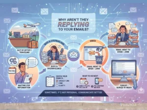 An educational infographic titled "Why Aren't They Replying to Your Emails?" by Dorice Horenstein. The central theme explores various obstacles to email communication, categorized into five illustrated scenarios: Out of Office / Traveling: Depicted by a desk with an "Out of Office" sign and luggage next to a plane. Busy & Overwhelmed: Shown as a person stressed by towering stacks of "unread" paperwork. Email Went to Spam / Junk: Represented by a robotic hand dragging an email into a trash bin icon. Forgot / Buried in Inbox: Illustrated by a computer screen with many unchecked boxes and the word "Forgotten" descending. Waiting for Information: Shown as a person thoughtfully holding an envelope next to a "Waiting" calendar. At the bottom, a checklist suggests reviewing the Subject Line, Tone, and Clarity, while a "What to Do Next" section advises sending a polite follow-up or trying another method. The graphic concludes with the tagline: "Sometimes, it's not personal. Communicate better."