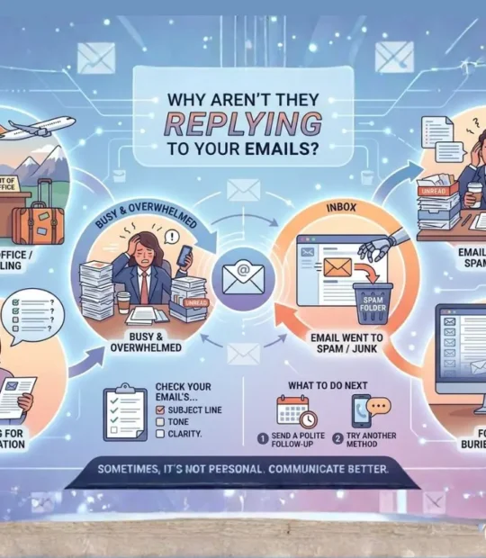 An educational infographic titled "Why Aren't They Replying to Your Emails?" by Dorice Horenstein. The central theme explores various obstacles to email communication, categorized into five illustrated scenarios: Out of Office / Traveling: Depicted by a desk with an "Out of Office" sign and luggage next to a plane. Busy & Overwhelmed: Shown as a person stressed by towering stacks of "unread" paperwork. Email Went to Spam / Junk: Represented by a robotic hand dragging an email into a trash bin icon. Forgot / Buried in Inbox: Illustrated by a computer screen with many unchecked boxes and the word "Forgotten" descending. Waiting for Information: Shown as a person thoughtfully holding an envelope next to a "Waiting" calendar. At the bottom, a checklist suggests reviewing the Subject Line, Tone, and Clarity, while a "What to Do Next" section advises sending a polite follow-up or trying another method. The graphic concludes with the tagline: "Sometimes, it's not personal. Communicate better."
