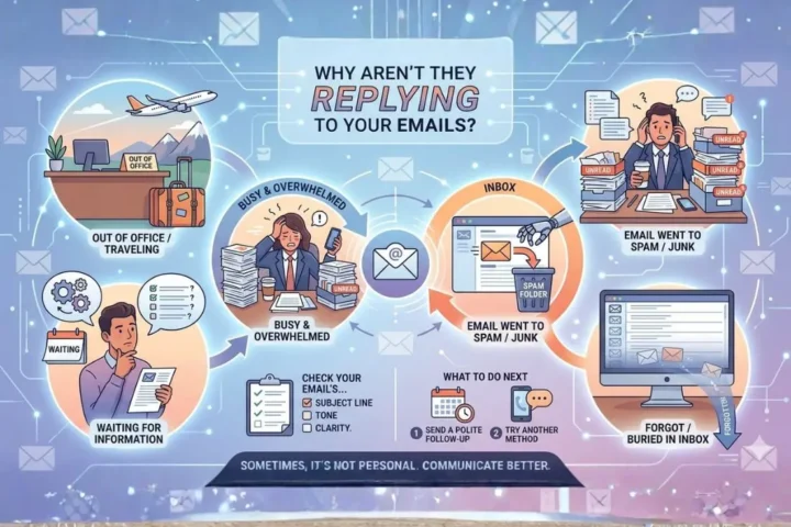 An educational infographic titled "Why Aren't They Replying to Your Emails?" by Dorice Horenstein. The central theme explores various obstacles to email communication, categorized into five illustrated scenarios: Out of Office / Traveling: Depicted by a desk with an "Out of Office" sign and luggage next to a plane. Busy & Overwhelmed: Shown as a person stressed by towering stacks of "unread" paperwork. Email Went to Spam / Junk: Represented by a robotic hand dragging an email into a trash bin icon. Forgot / Buried in Inbox: Illustrated by a computer screen with many unchecked boxes and the word "Forgotten" descending. Waiting for Information: Shown as a person thoughtfully holding an envelope next to a "Waiting" calendar. At the bottom, a checklist suggests reviewing the Subject Line, Tone, and Clarity, while a "What to Do Next" section advises sending a polite follow-up or trying another method. The graphic concludes with the tagline: "Sometimes, it's not personal. Communicate better."