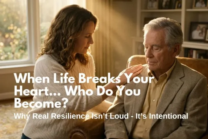 An elegant, cinematic photograph of a middle-aged woman gently placing a hand on her elderly father's shoulder in a sunlit living room, visualizing the powerful leadership mindset shift of choosing intentional presence over external chaos during personal grief.
