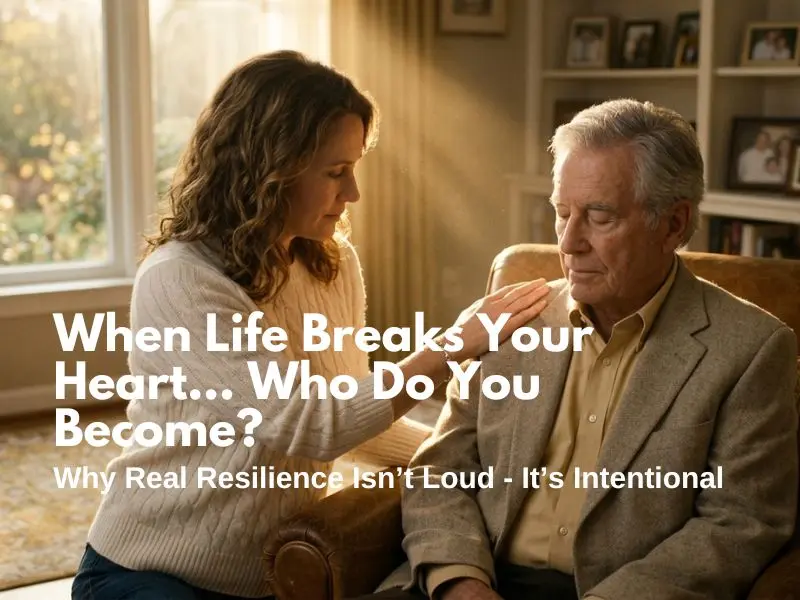 An elegant, cinematic photograph of a middle-aged woman gently placing a hand on her elderly father's shoulder in a sunlit living room, visualizing the powerful leadership mindset shift of choosing intentional presence over external chaos during personal grief.