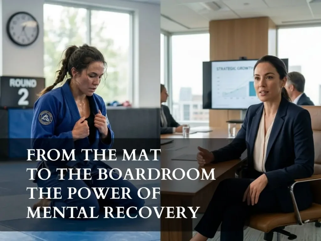 A split-screen visual representing mental recovery and resilience, showing a female athlete in a jiu-jitsu gi finding focus after a loss and a professional executive leading a boardroom meeting with confidence.