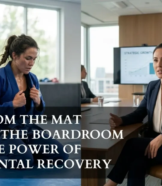 A split-screen visual representing mental recovery and resilience, showing a female athlete in a jiu-jitsu gi finding focus after a loss and a professional executive leading a boardroom meeting with confidence.
