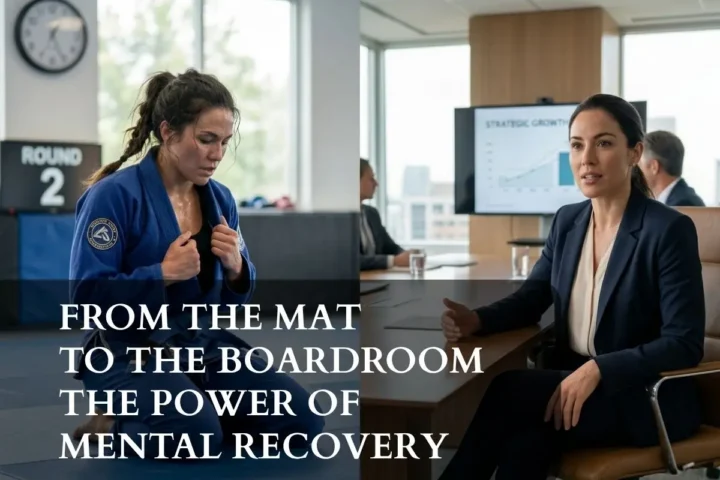 A split-screen visual representing mental recovery and resilience, showing a female athlete in a jiu-jitsu gi finding focus after a loss and a professional executive leading a boardroom meeting with confidence.