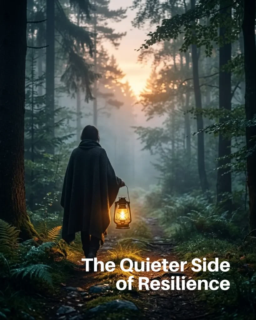 A cinematic photograph of a person viewed from behind walking along a dark, misty forest path at dawn, carrying a single glowing golden lantern that illuminates the mossy trail, symbolizing inner guidance, resilience, and intentional leadership through painful life transitions.