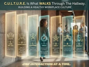 An infographic visualization of the C.U.L.T.U.R.E. framework for building a healthy workplace culture. A professional woman with curly hair is shown from behind walking along a futuristic, textured hallway toward a group of diverse colleagues. Emanating from her path are seven vertical, glowing light panels, each detailing a specific leadership behavior that defines a walk in the hallway.