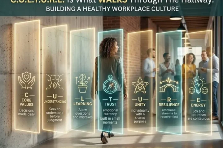 An infographic visualization of the C.U.L.T.U.R.E. framework for building a healthy workplace culture. A professional woman with curly hair is shown from behind walking along a futuristic, textured hallway toward a group of diverse colleagues. Emanating from her path are seven vertical, glowing light panels, each detailing a specific leadership behavior that defines a walk in the hallway.