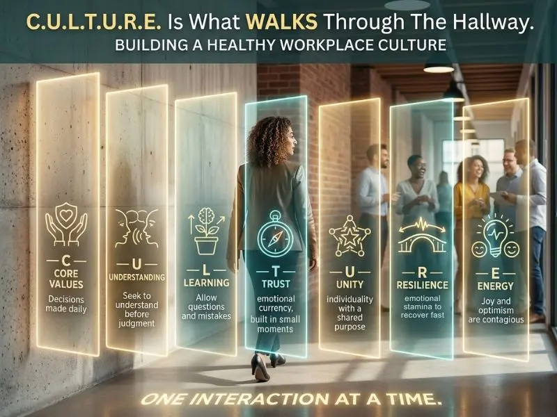 An infographic visualization of the C.U.L.T.U.R.E. framework for building a healthy workplace culture. A professional woman with curly hair is shown from behind walking along a futuristic, textured hallway toward a group of diverse colleagues. Emanating from her path are seven vertical, glowing light panels, each detailing a specific leadership behavior that defines a walk in the hallway.