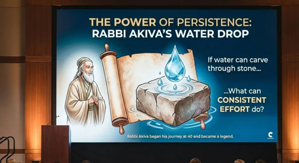 Presentation slide graphic about Rabbi Akiva and the water drop story, featuring text overlay about consistency, persistence, and the power of daily effort over time.
