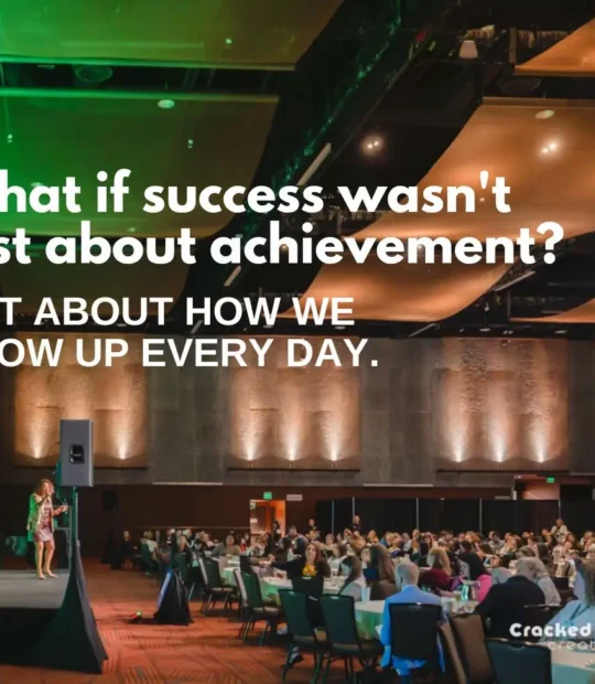 Dorice Horenstein delivering a leadership keynote speech to a packed conference hall with motivational text overlay about daily success for the blog building a culture of excellence