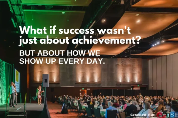 Dorice Horenstein delivering a leadership keynote speech to a packed conference hall with motivational text overlay about daily success for the blog building a culture of excellence
