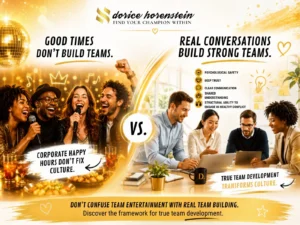 Team building vs team entertainment illustration showing corporate happy hour compared with collaborative team development that builds trust, communication, and workplace culture.