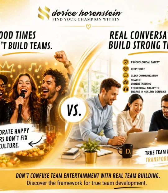Team building vs team entertainment illustration showing corporate happy hour compared with collaborative team development that builds trust, communication, and workplace culture.