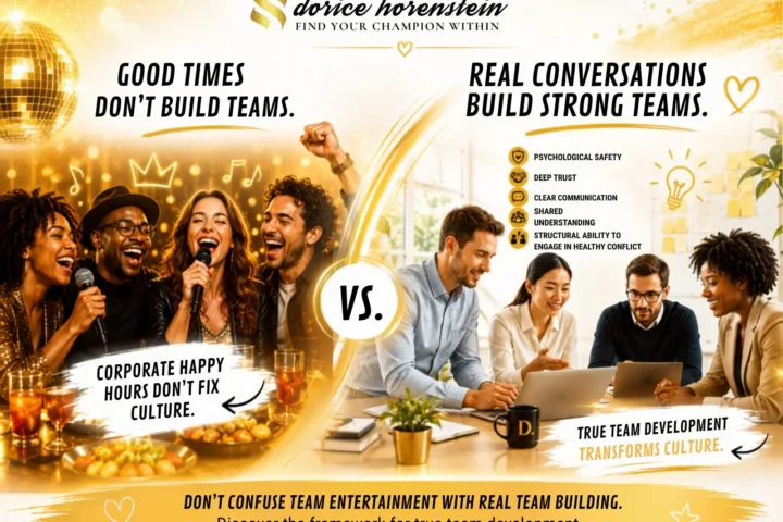 Team building vs team entertainment illustration showing corporate happy hour compared with collaborative team development that builds trust, communication, and workplace culture.