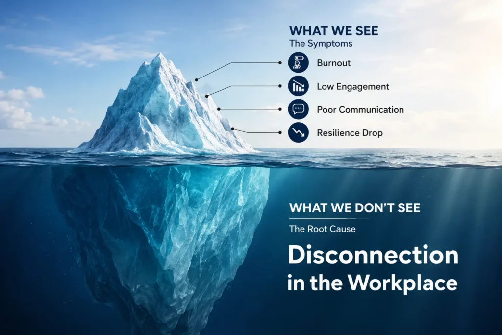An iceberg diagram split by the ocean surface to show symptoms versus root causes. Above the water, the visible tip represents "What We See: The Symptoms," labeling burnout, low engagement, poor communication, and resilience drop. Below the water, the massive hidden base represents "What We Don't See: The Root Cause," prominently labeled "Disconnection in the Workplace."