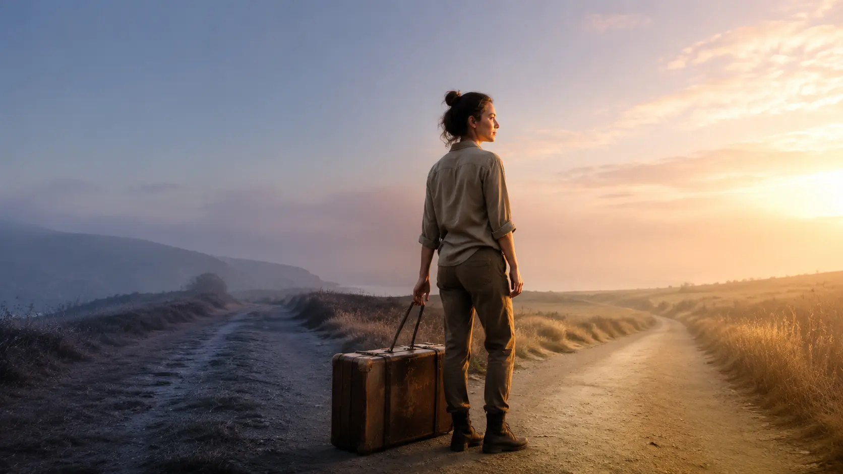 woman standing leaving regret behind sunrise