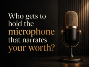 Gold and black microphone beside the quote, “Who gets to hold the microphone that narrates your worth?”