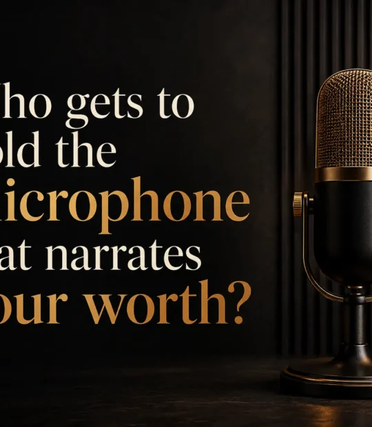Gold and black microphone beside the quote, “Who gets to hold the microphone that narrates your worth?”