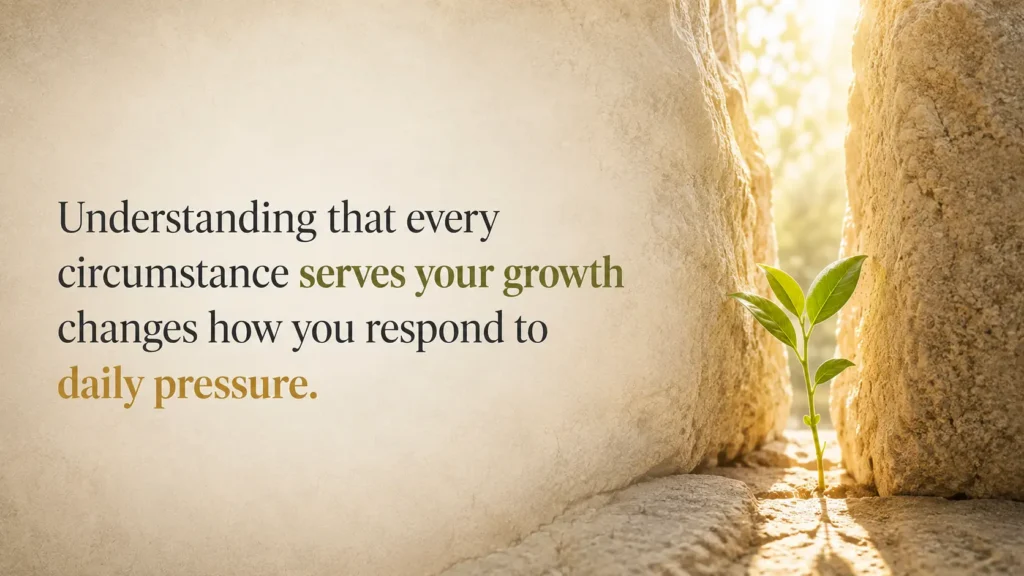 An inspirational quote reading "Understanding that every circumstance serves your growth changes how you respond to daily pressure" alongside a small green plant growing through a crack in large stones, reinforcing that the things happening to you are actually happening FOR you.
