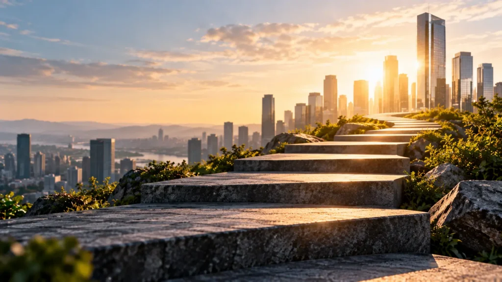 Sunlit stone steps winding toward a modern city skyline, symbolizing progress, growth, and the journey toward achieving a goal.