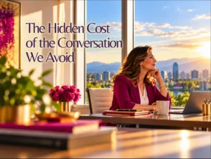 Professional woman reflecting at her desk in a bright office overlooking a city, illustrating the hidden cost of avoiding difficult workplace conversations.