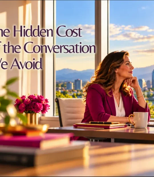 Professional woman reflecting at her desk in a bright office overlooking a city, illustrating the hidden cost of avoiding difficult workplace conversations.