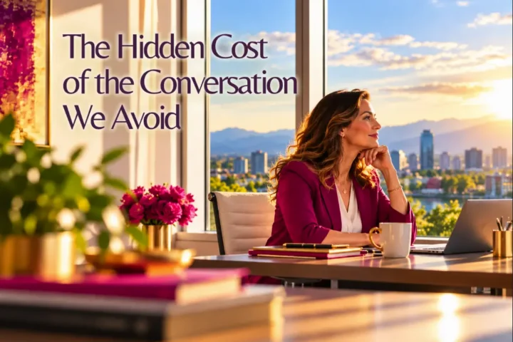 Professional woman reflecting at her desk in a bright office overlooking a city, illustrating the hidden cost of avoiding difficult workplace conversations.